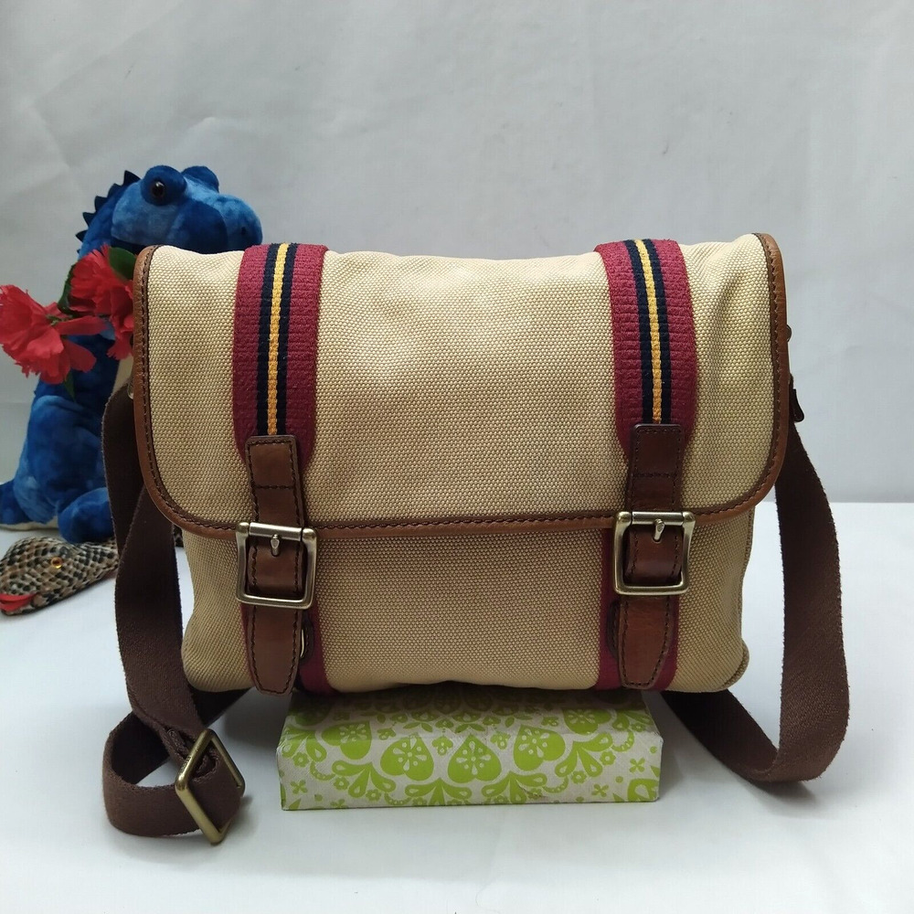 Fossil Khaki Tan Canvas Brown Leather Trim Buckle Flap Messenger Crossbody Bag